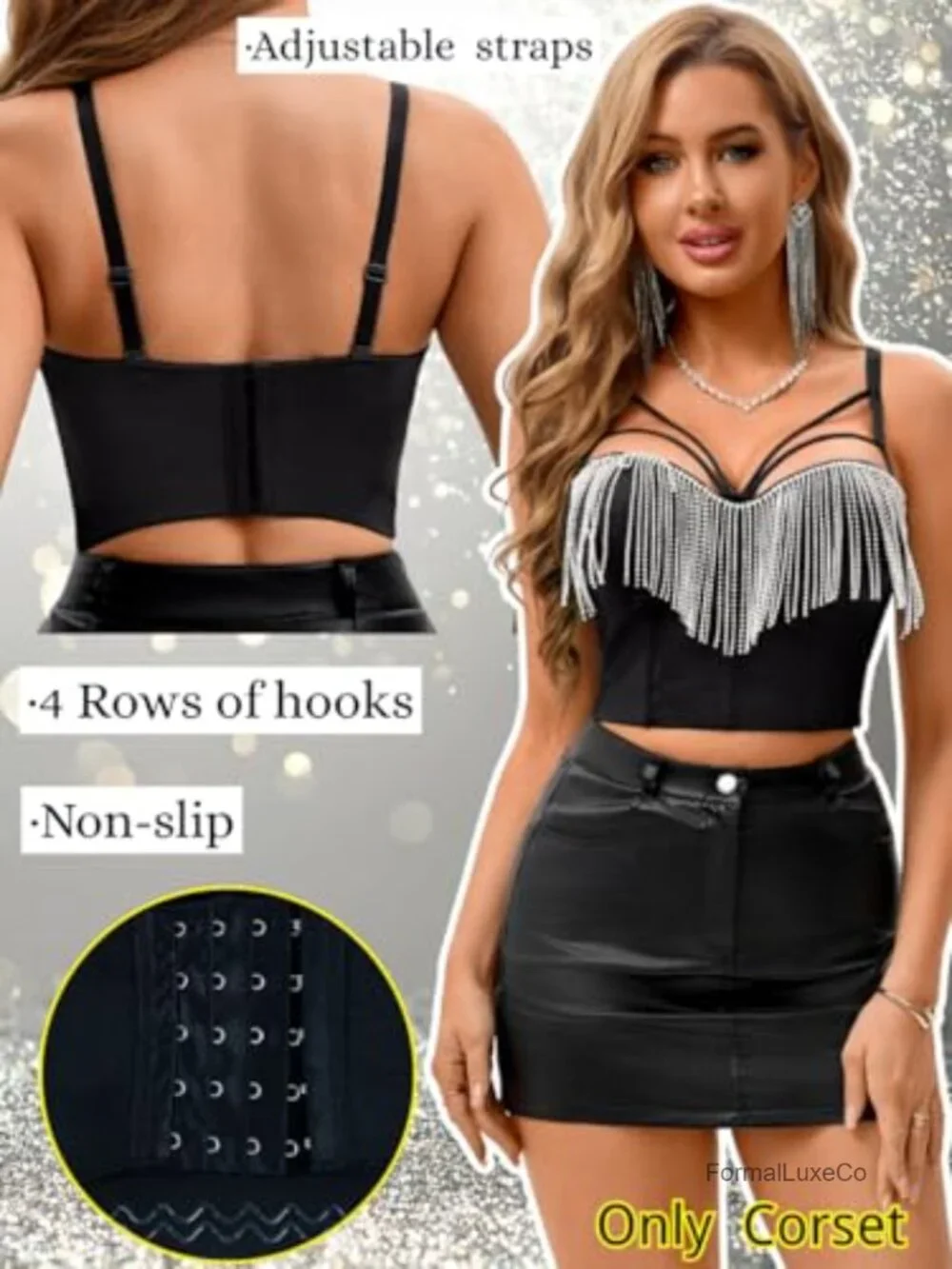 Rhinestone Fringe Strappy Corset Crop Top with Molded Cups Adjustable Straps